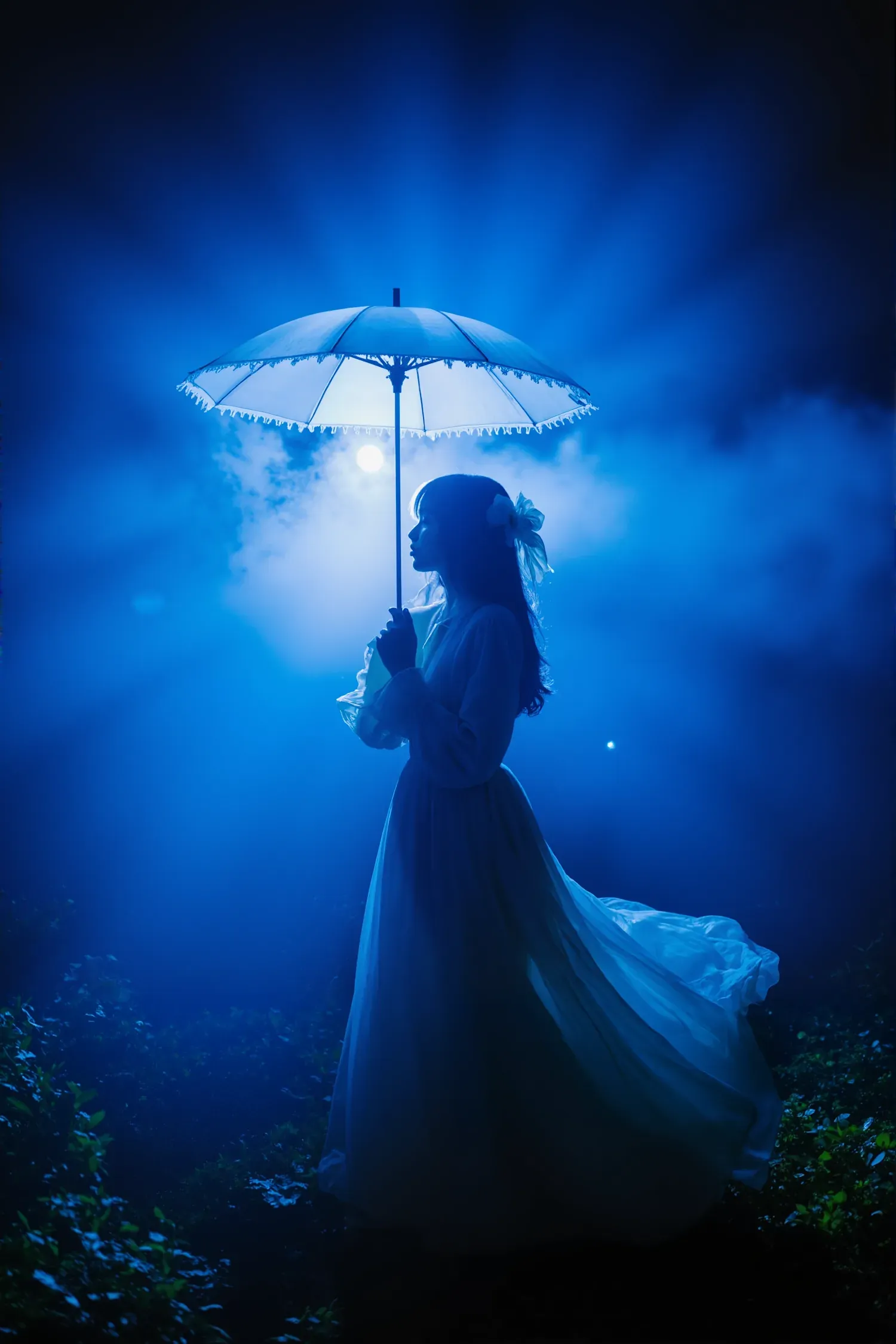 A figure holding a glowing umbrella in a moonlit forest, showing how weather, light, and landscape can turn a simple presence into a charged dramatic moment.
