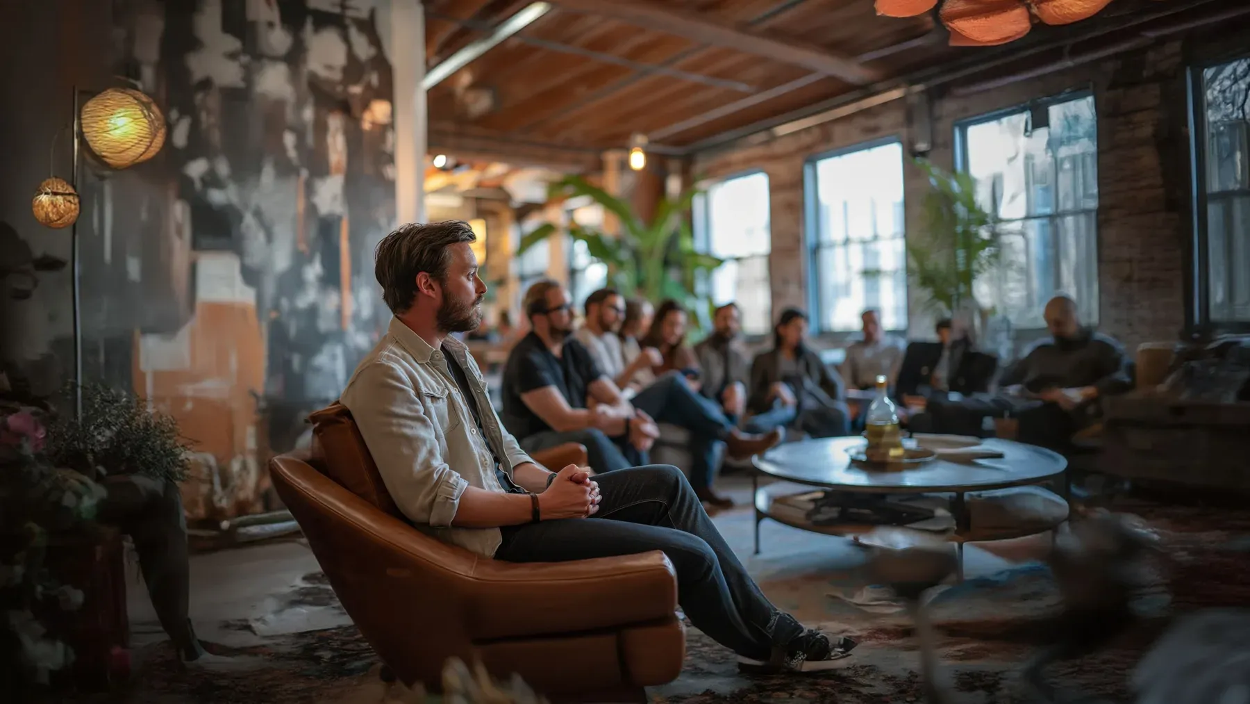 A person sitting within a communal gathering, showing recovery as participation, shared attention, and continued life rather than a solitary test of will.