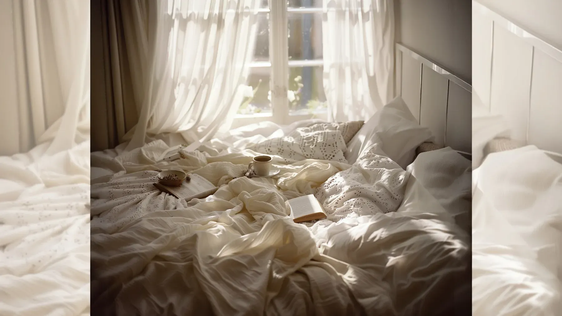 A sunlit bedroom with books and tea, representing the ordinary hours in which sleep, meals, medication, money, and plans quietly shape recovery.