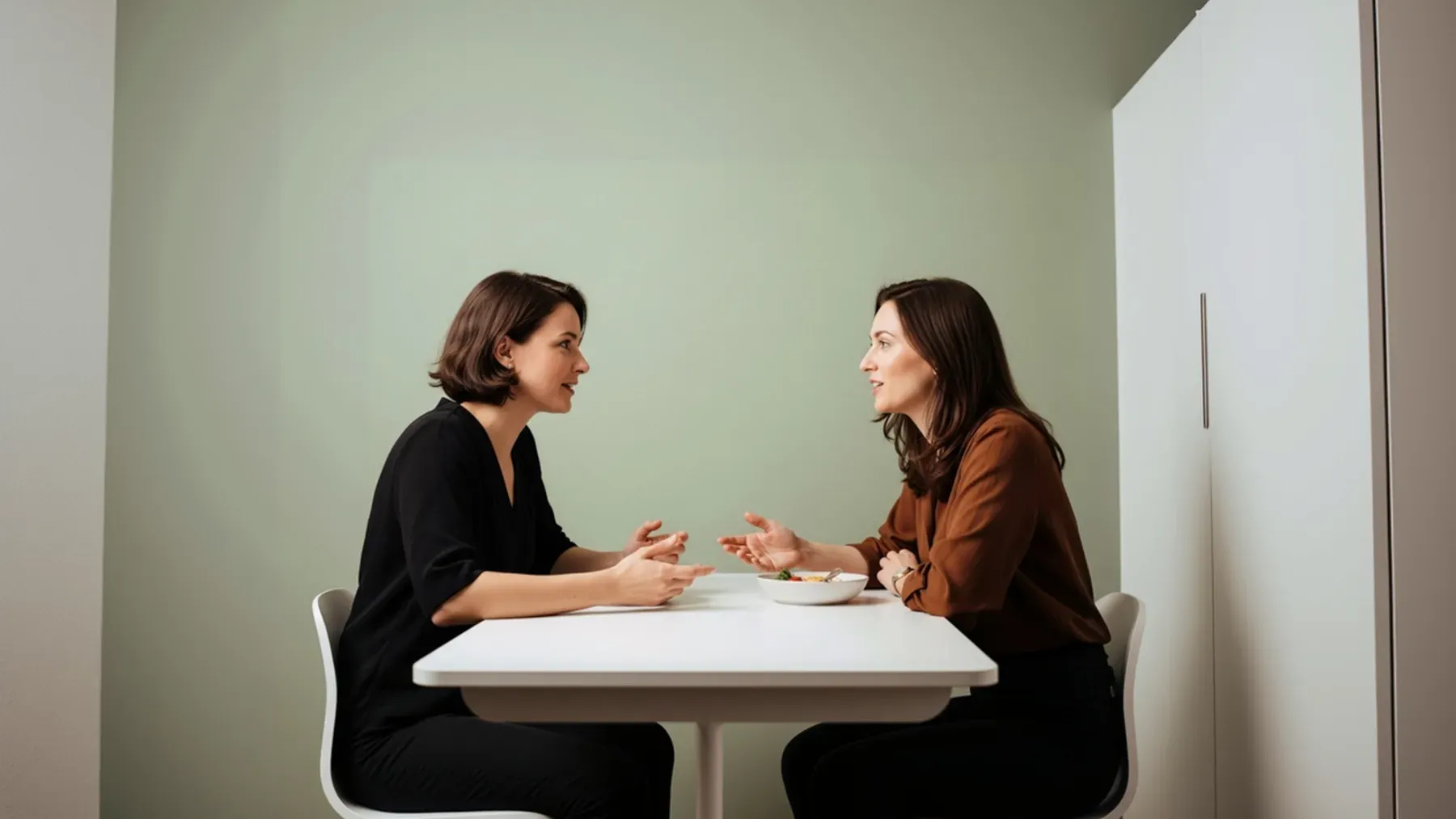 Two adults in a focused conversation, showing that an ongoing relationship depends on negotiated pace, privacy, language, and consent.