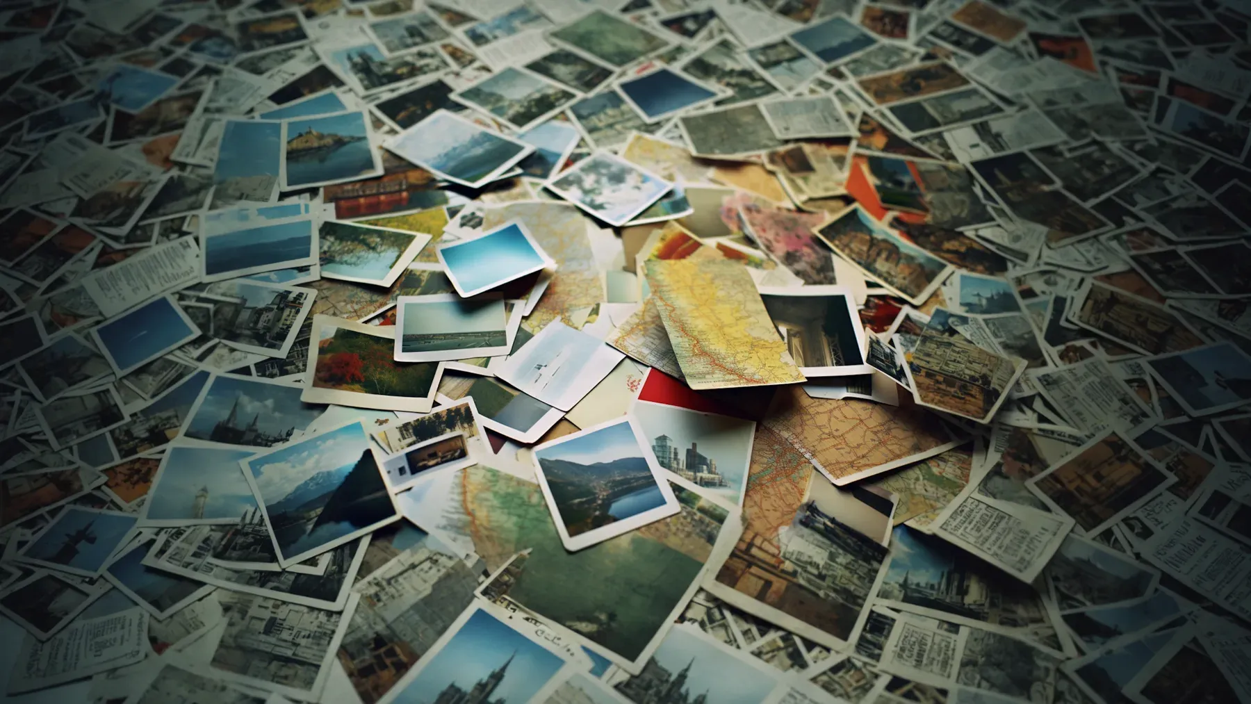 A field of photographs and maps representing fragmented records, family history, travel, memory, and the search for verifiable connections.