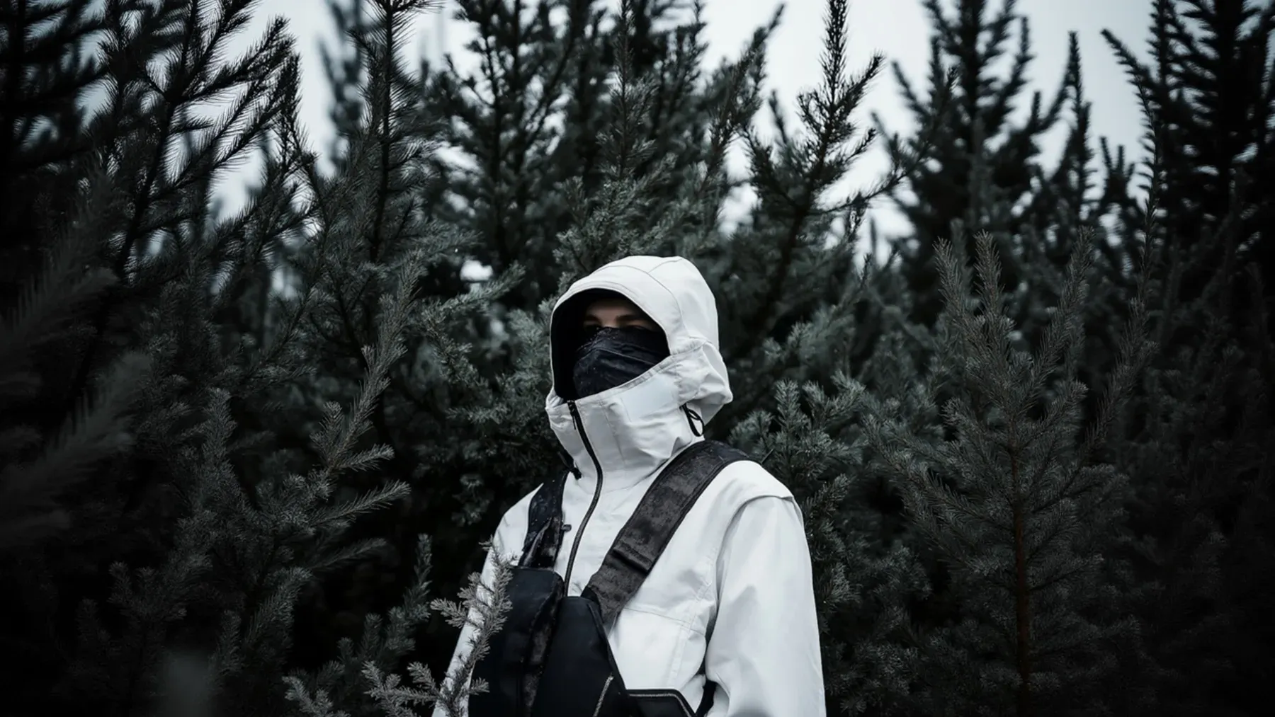 A concealed traveler scanning a dense stand of trees, suggesting the hidden attention that gives an ambush its unseen first half.
