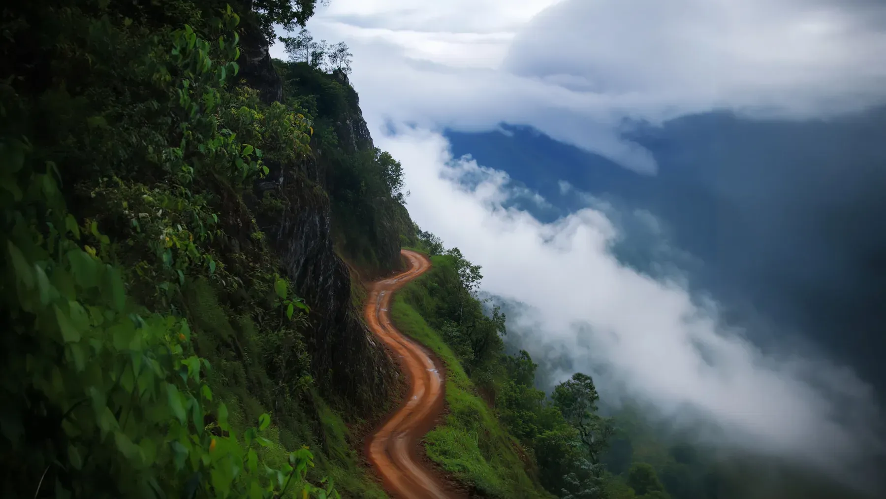 A narrow mountain road disappearing into mist, making route, visibility, and limited options part of the coming disruption.