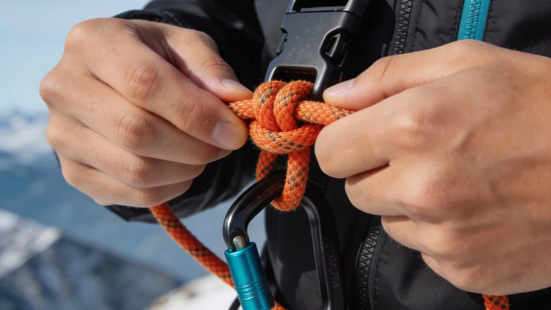 Hands tie a safety knot beside a climbing harness, representing procedural skill that can survive even when the event in which it was learned cannot be recalled.