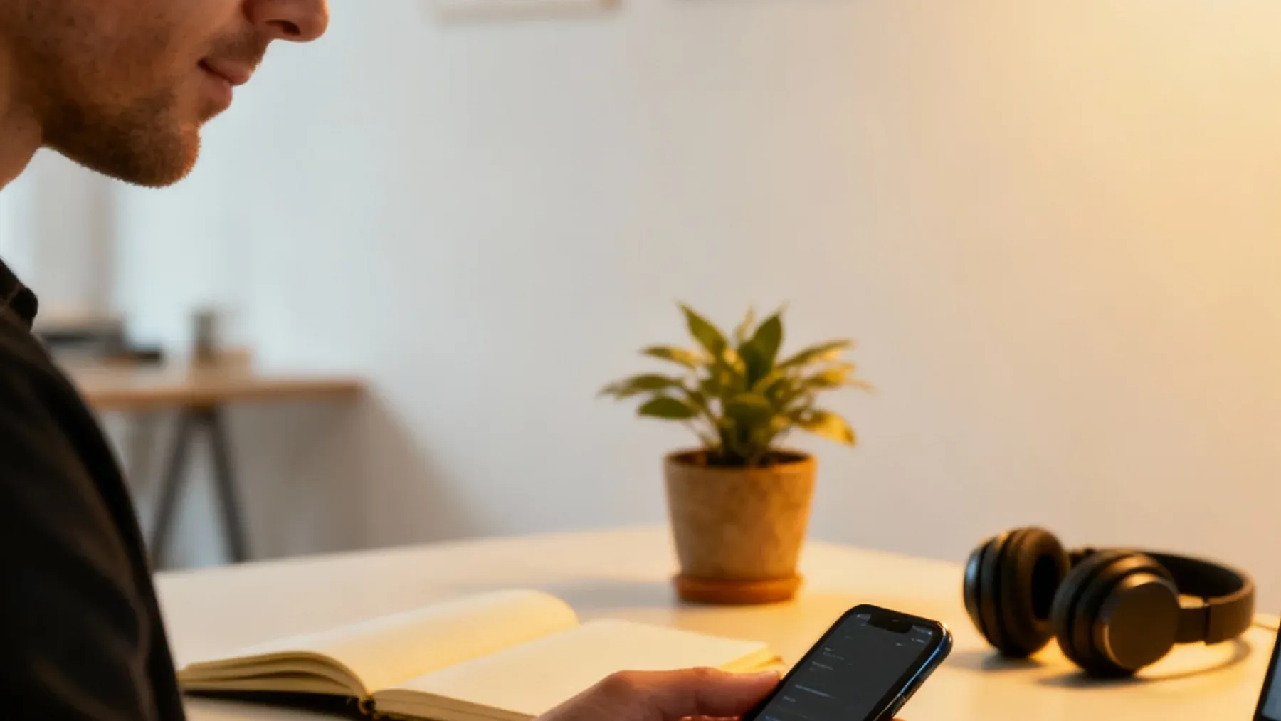 A notebook rests beside a phone and practical work materials, representing the external systems that help a character preserve new information and act on it.