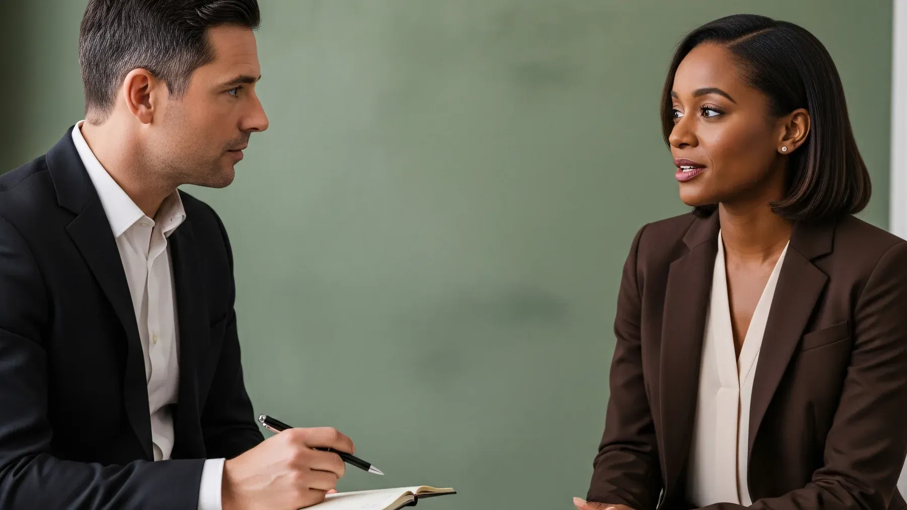 Two professionals maintaining a controlled conversation while their opposing goals increase the pressure between them.