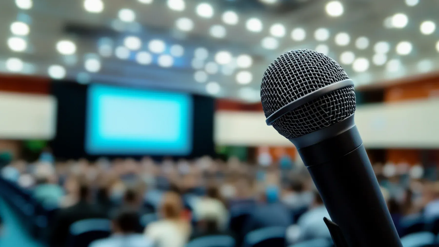 A microphone waits before a public audience, where private remorse must become an accountable statement with real consequences.