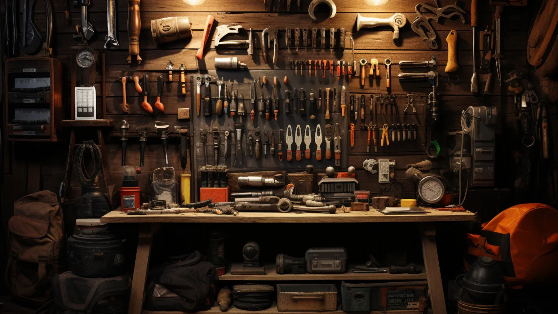 A workshop wall crowded with repair tools makes the difference between symbolic care and work that addresses the actual damage visible.