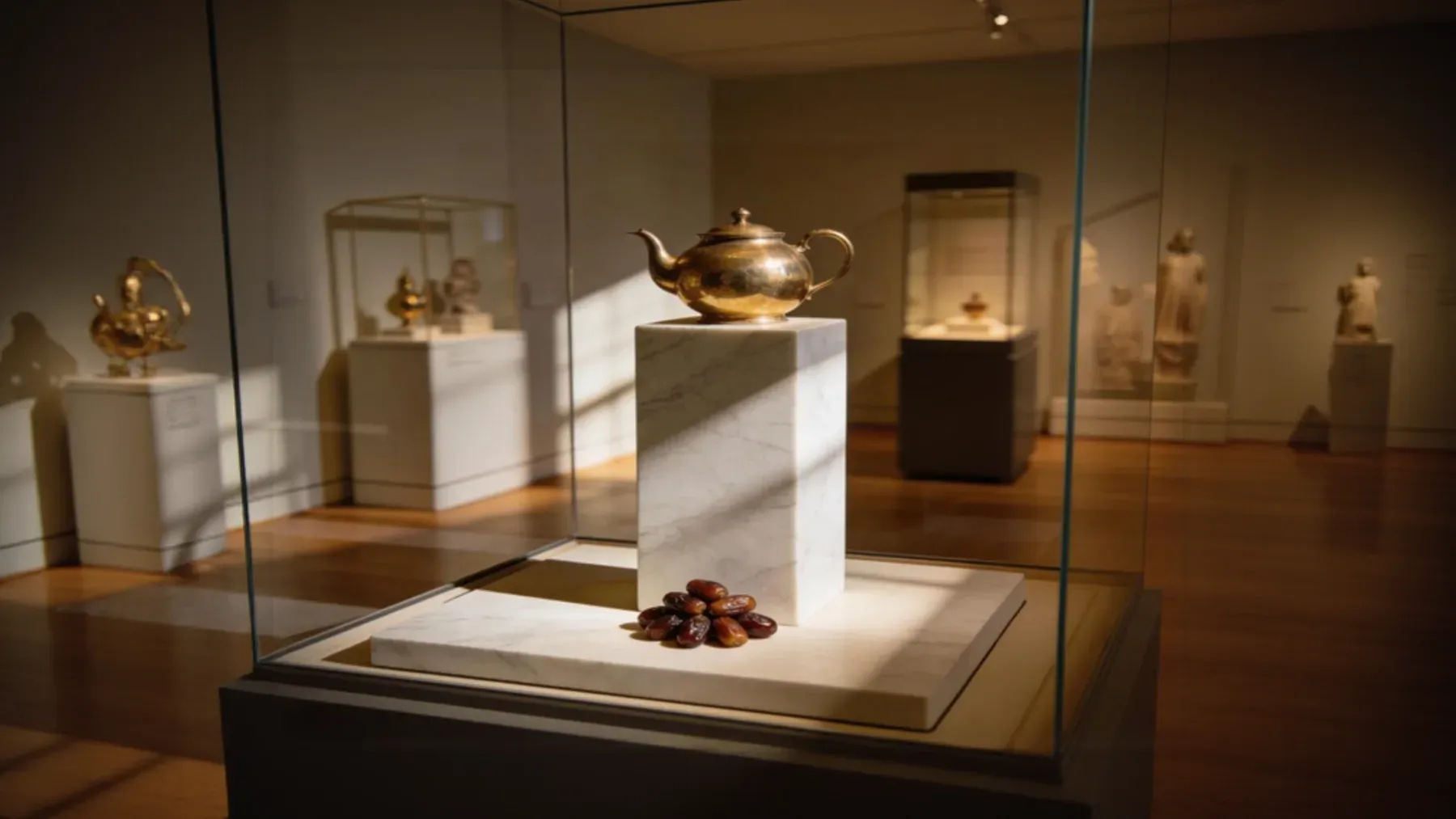 A historical object displayed on a museum pedestal, showing the respectable endpoint that can conceal a damaged or invented acquisition history.