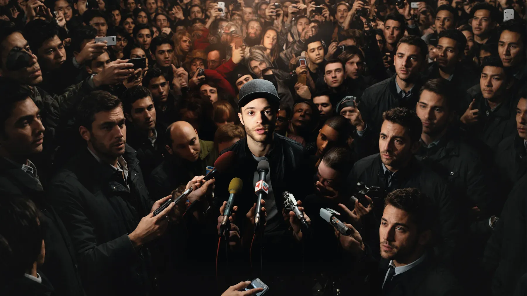 A public figure surrounded by reporters and onlookers, where incomplete facts become questions, images, narratives, and political pressure.