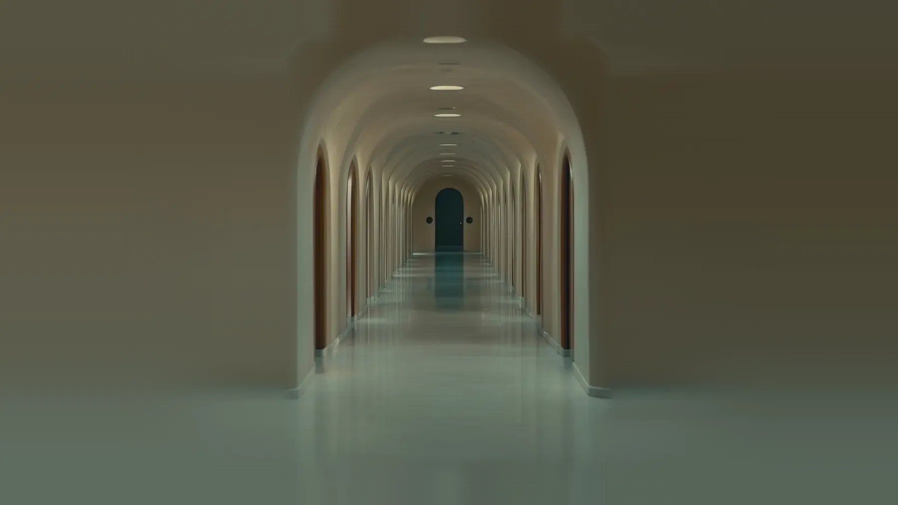 A long institutional corridor with several doors, evoking the uncertainty of routes, rooms, authorities, and decisions beyond the viewpoint character's sight.