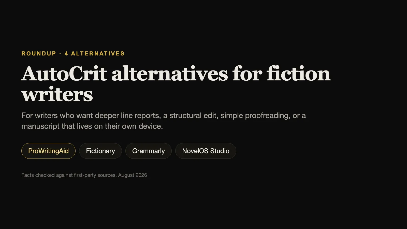 AutoCrit alternatives compared: ProWritingAid, Fictionary, Grammarly, and NovelOS Studio