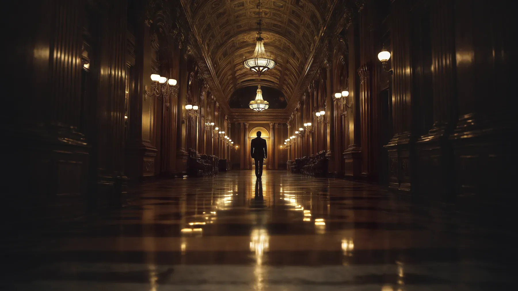 A solitary figure crossing an opulent corridor, showing how architecture, visibility, and permission can turn a short route into a social risk.