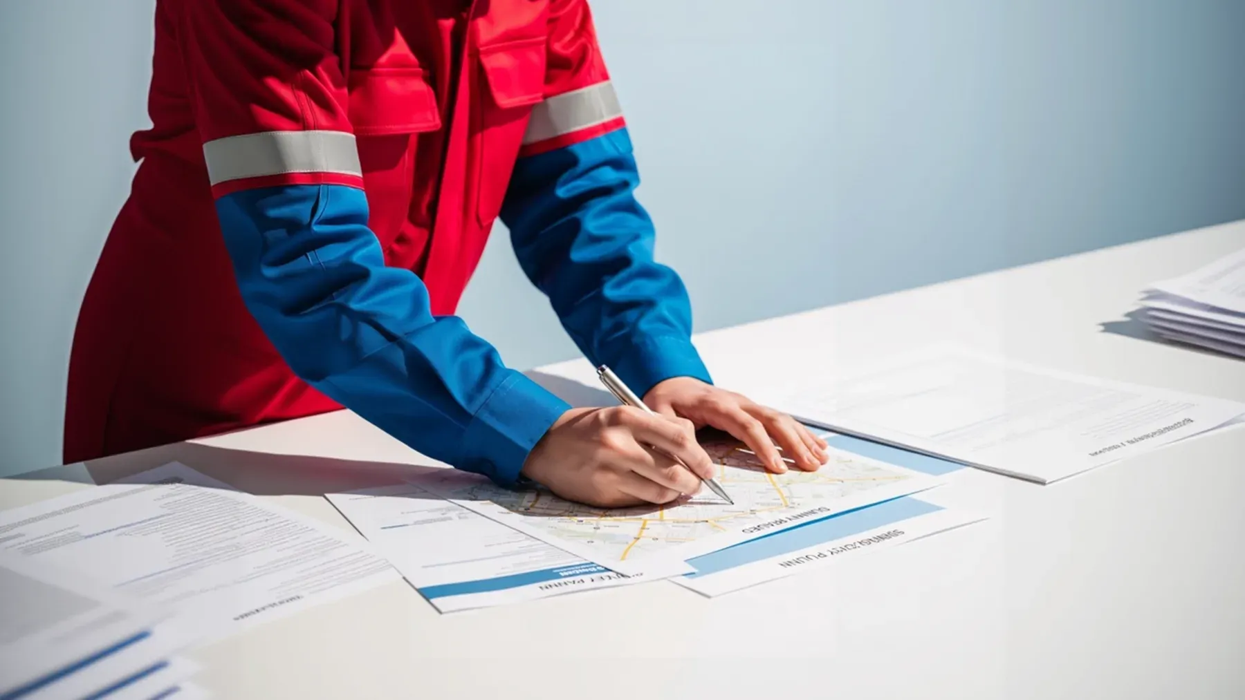 Hands working over a route map, a reminder that the writer's complete plan and the viewpoint character's partial information serve different purposes.