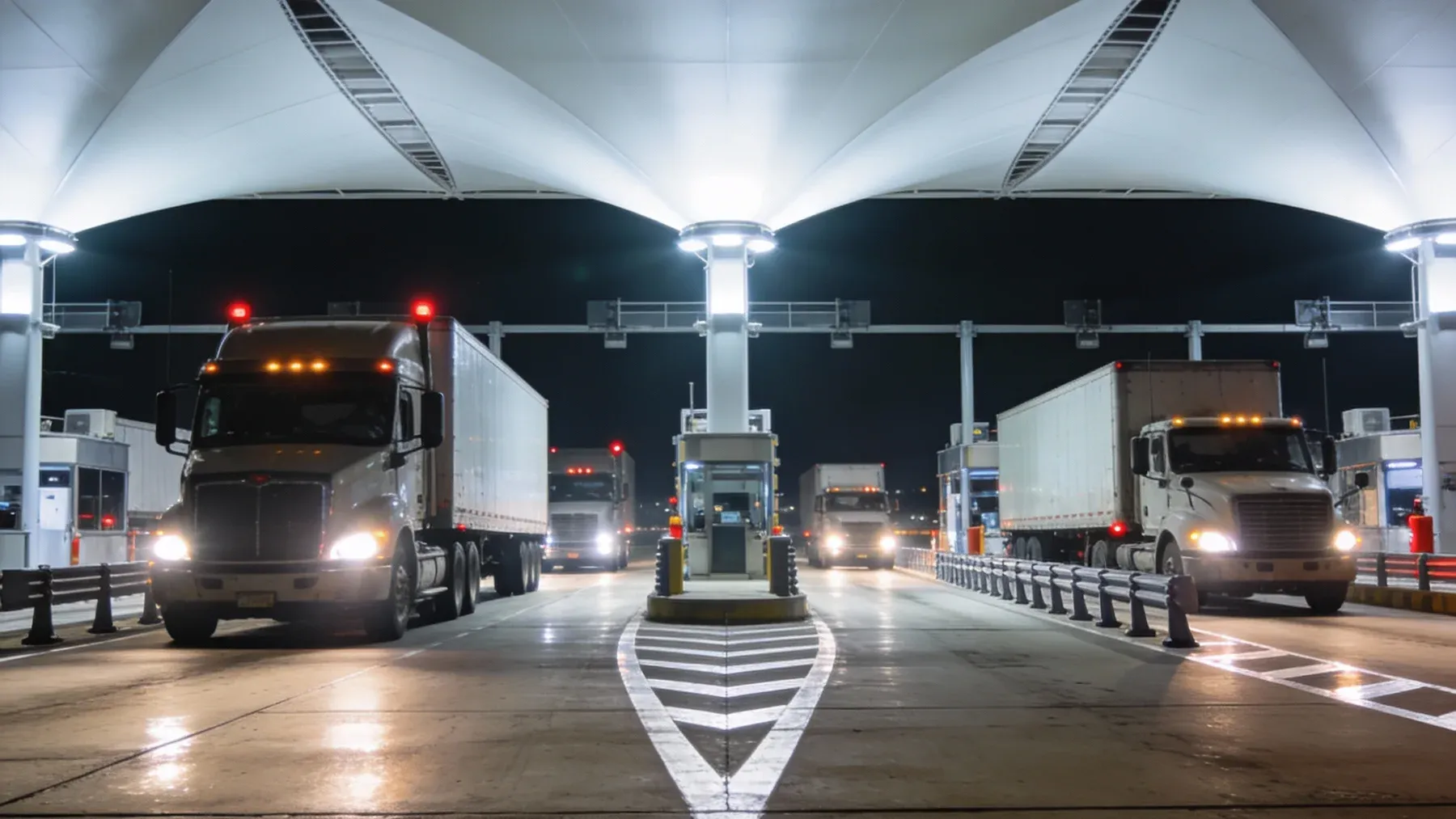 Trucks enter a bright checkpoint at night, where a trusted route becomes the physical mechanism of capture.