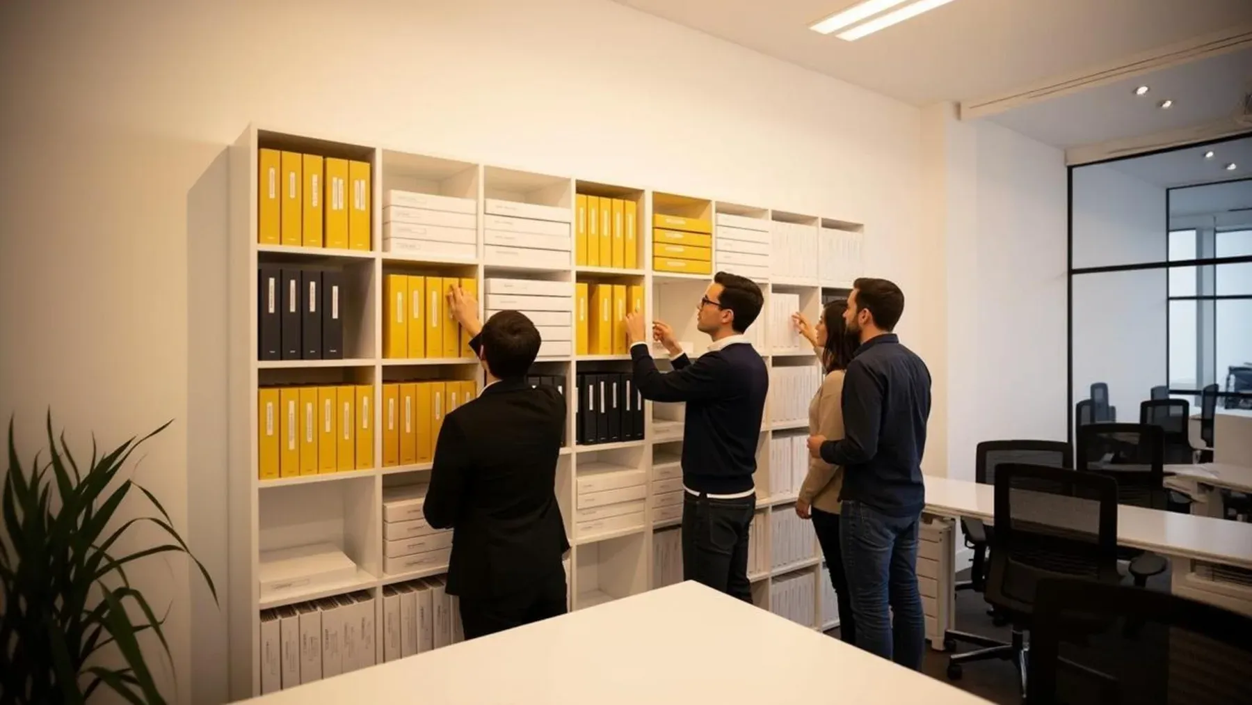 Archive workers search a wall of records, representing the target's effort to locate the threatened evidence and infer what the blackmailer actually wants.