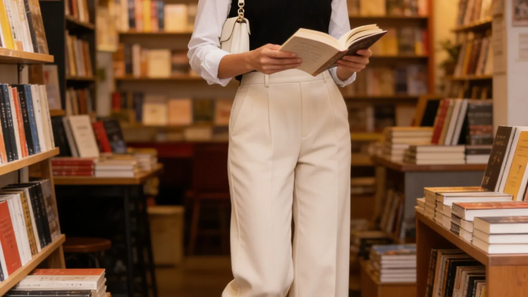 A reader browses in a bookstore, representing the audience decision a book blurb must help them make.