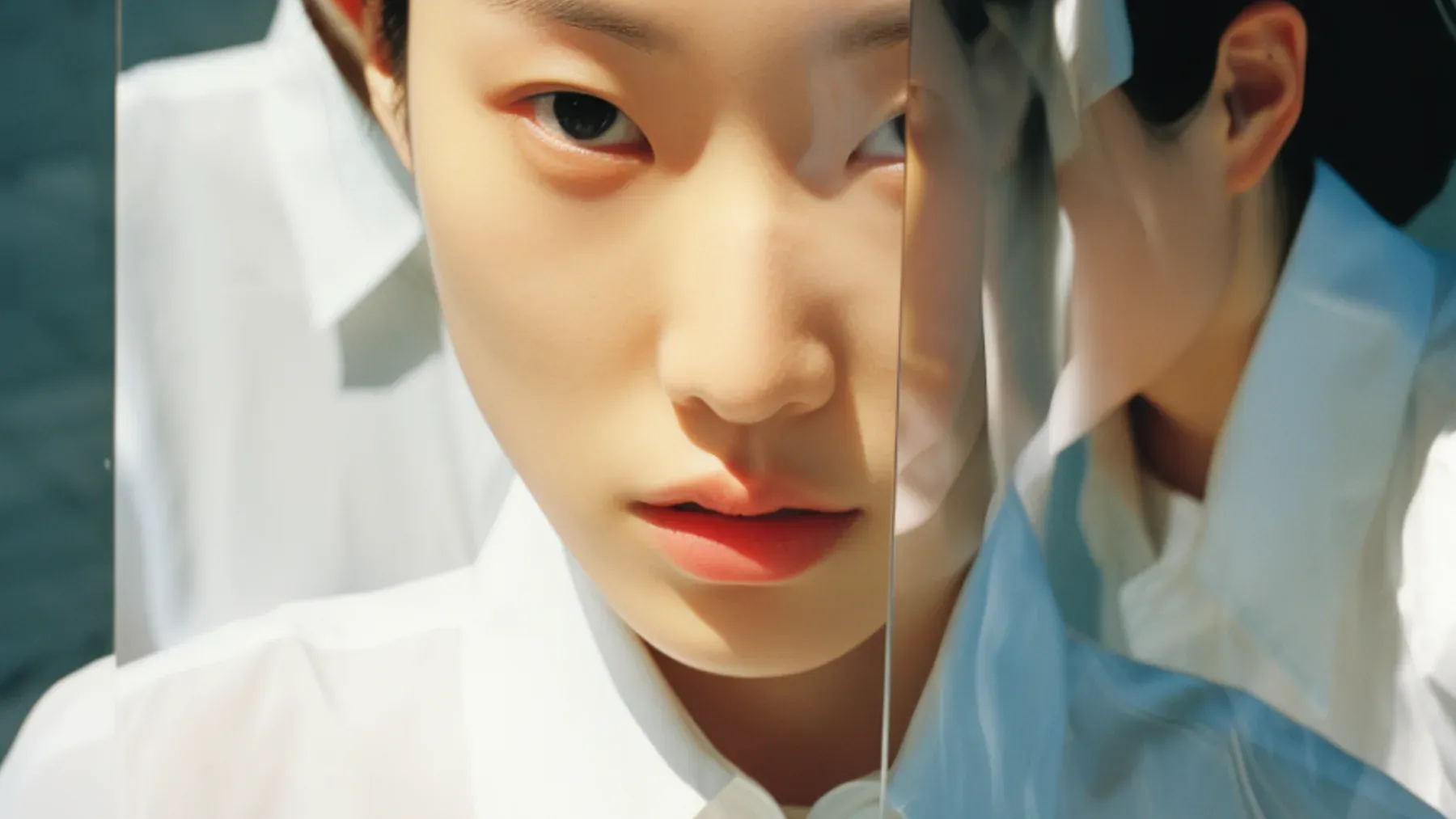 A face divided by reflection, suggesting that bodily identity can remain recognizable while its ownership and meaning become contested.