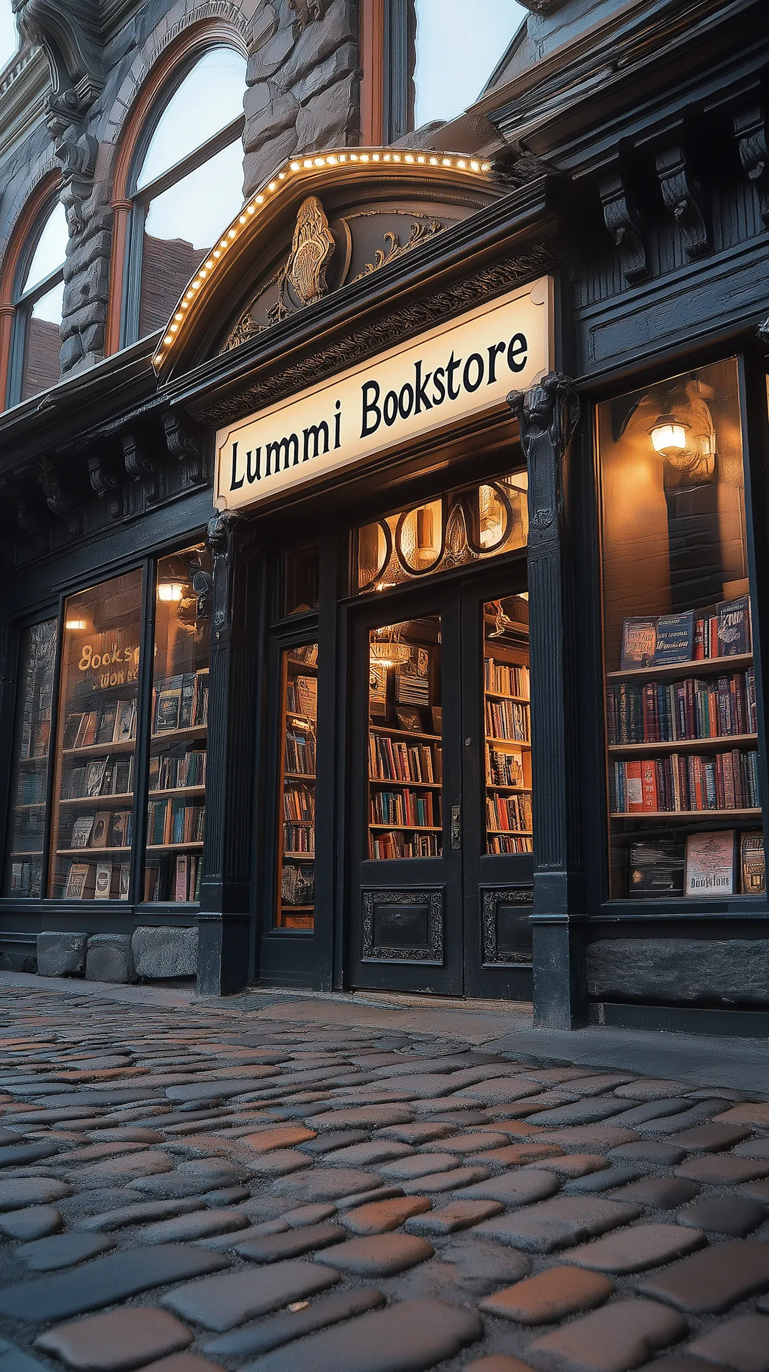 A glowing bookstore entrance on an old street, reflecting how a strong blurb makes the world beyond the cover feel specific, inviting, and charged with possibility.
