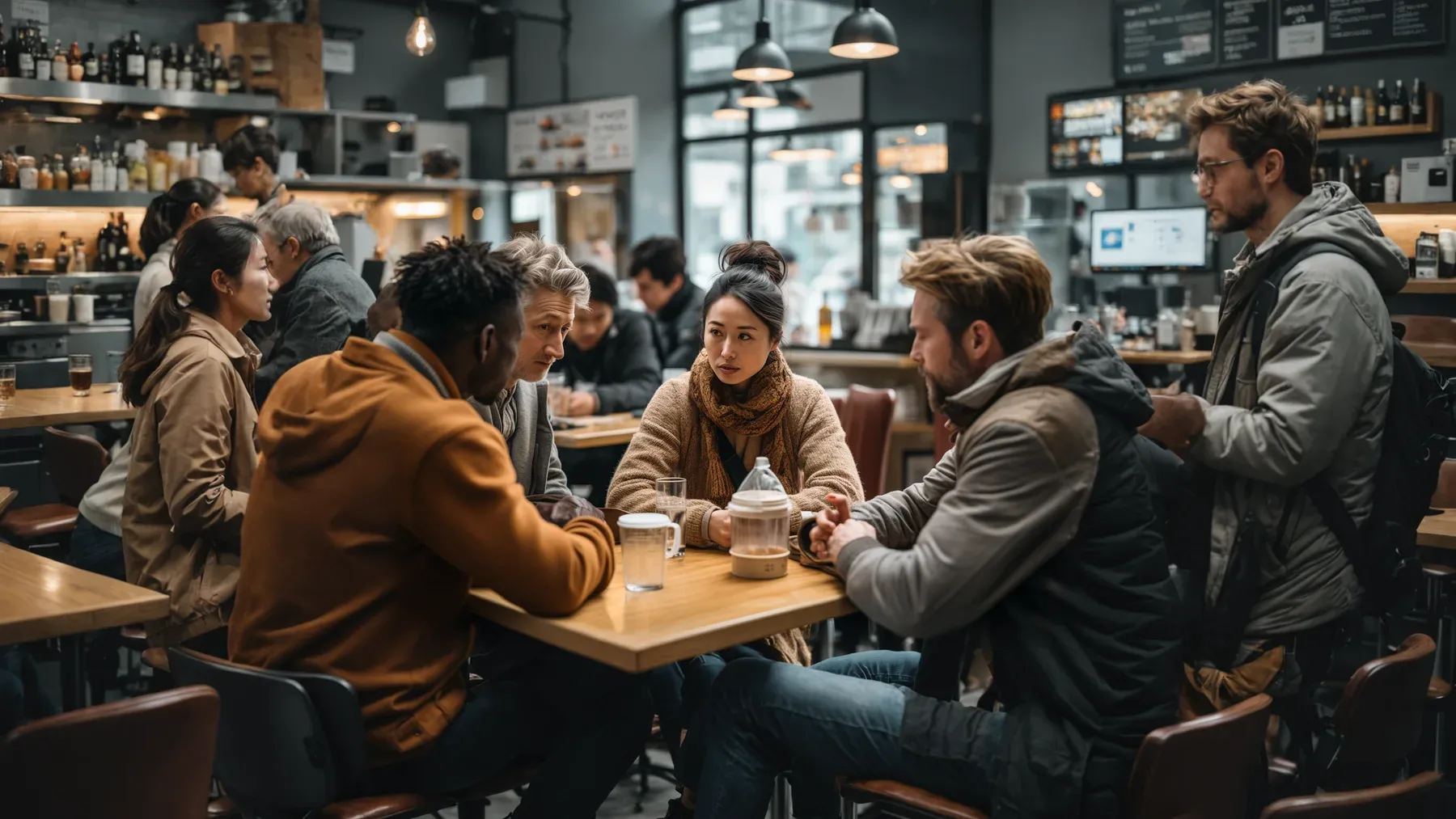 A group compressed around one café table, where proximity keeps every reaction visible and prevents disagreement from dispersing.
