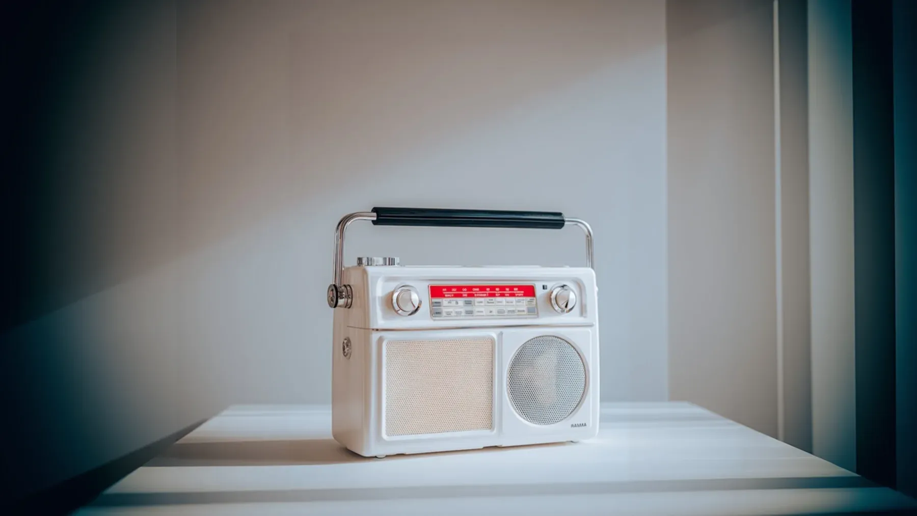 A portable radio isolated under a narrow light, representing the limited channel through which outside knowledge can enter the room.