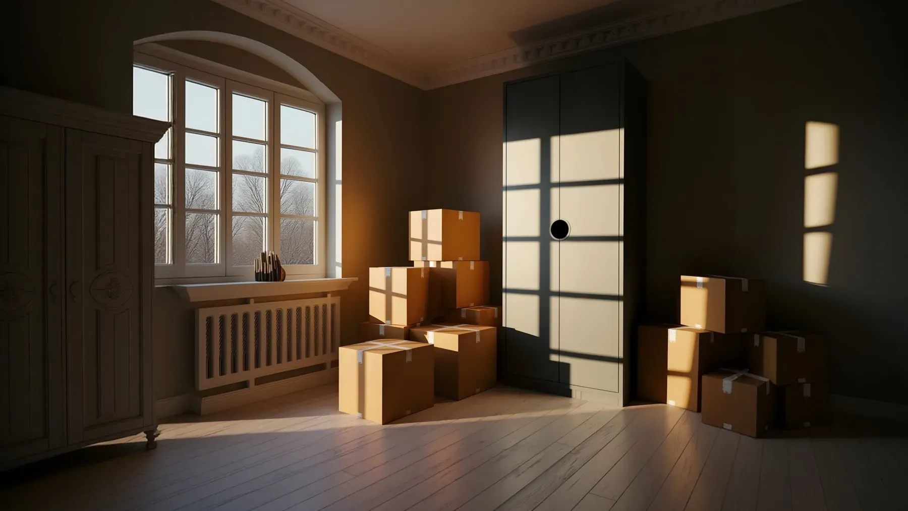 Moving boxes divided across a sunlit room, showing how a private decision becomes a material change to everyday life.