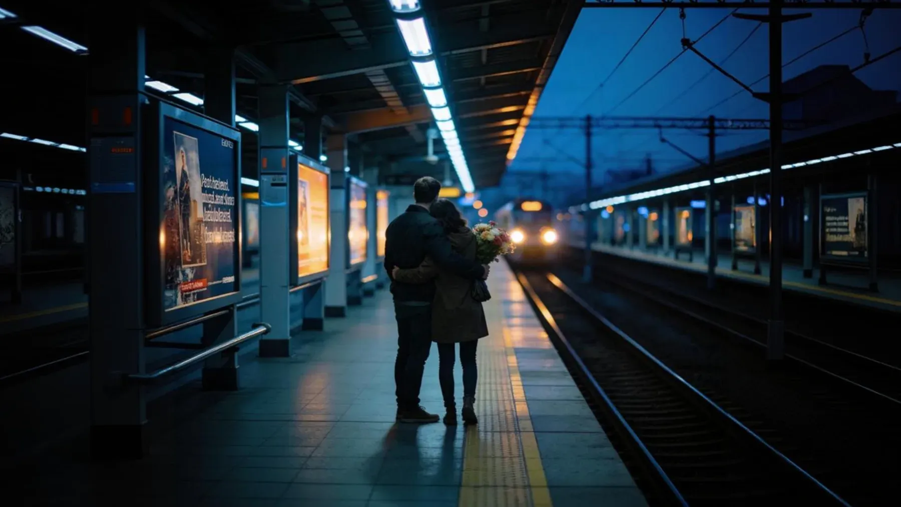 A couple embracing on an evening train platform as an approaching train turns affection into a time-limited choice.