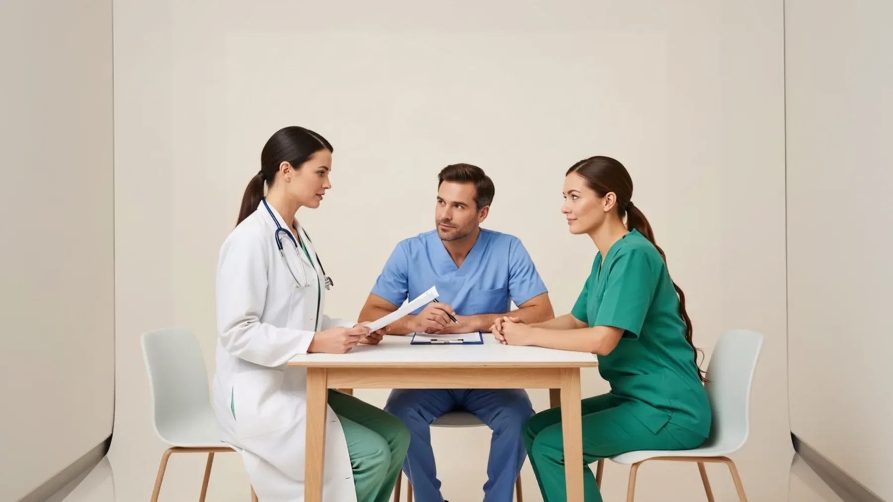 A medical team in focused discussion, representing recovery as shared work design, explicit responsibility, and institutional learning.