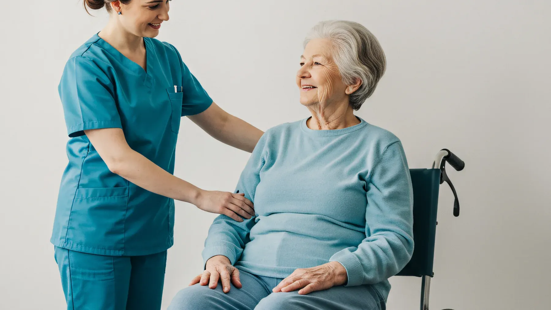 A care professional speaks with an older wheelchair user, placing assistance inside a direct interaction between two adults.