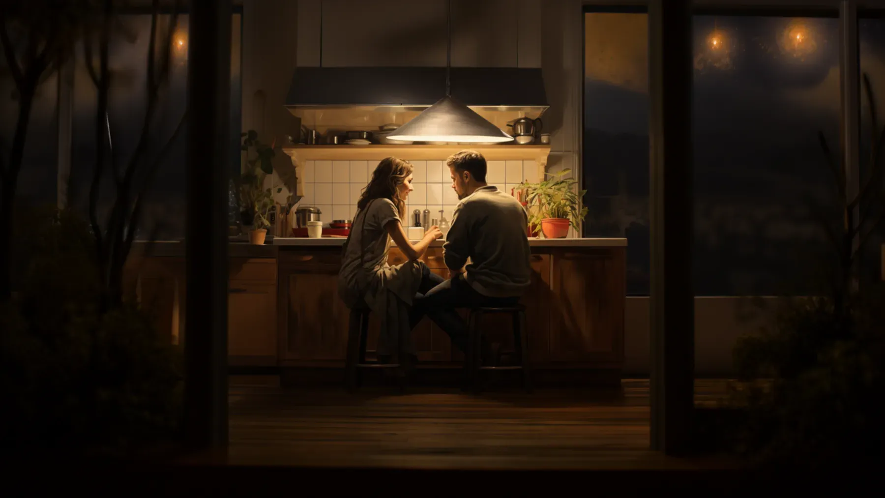 A couple talking in a quiet kitchen at night, representing the private routines and negotiated boundaries that must exist after the public climax.