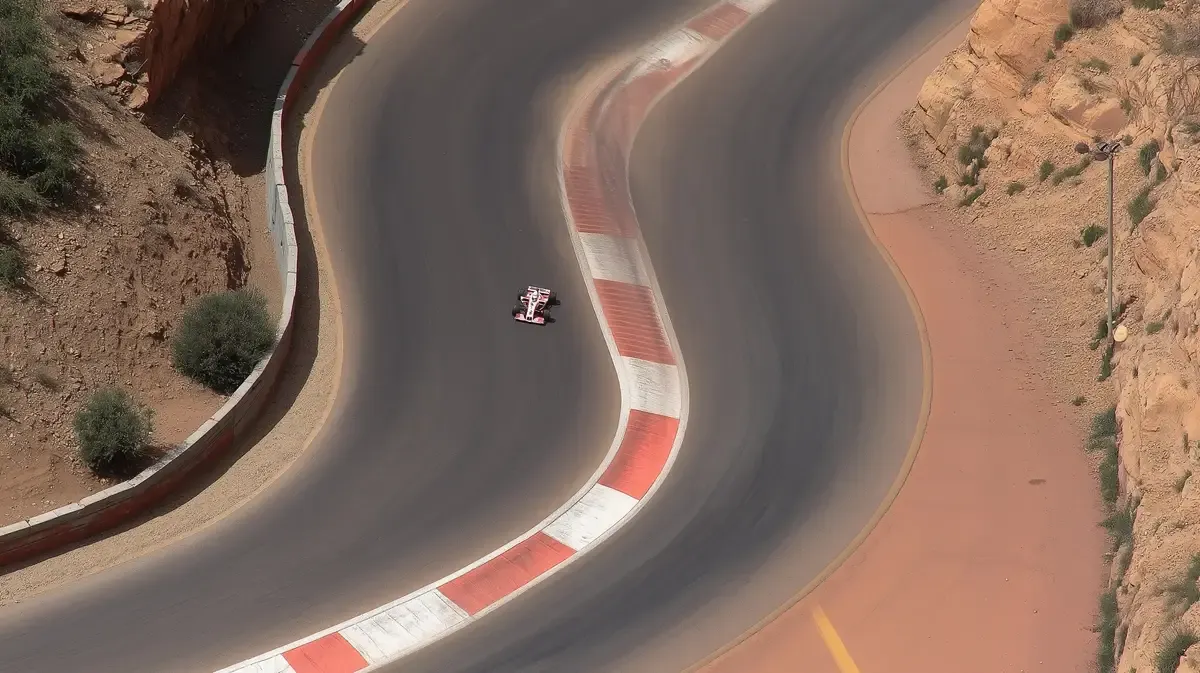 An aerial view of a winding race track, showing how a character's transformation develops through turns, pressure, and accumulated choices rather than a straight line.