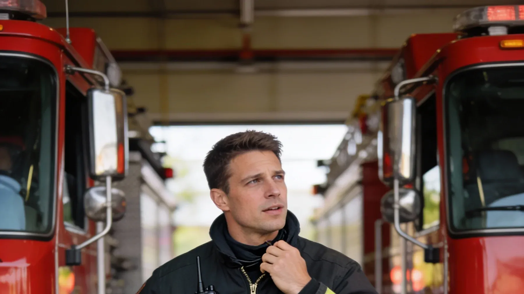 A firefighter listening beside emergency vehicles, showing how one childhood warning can become an adult standard for action.