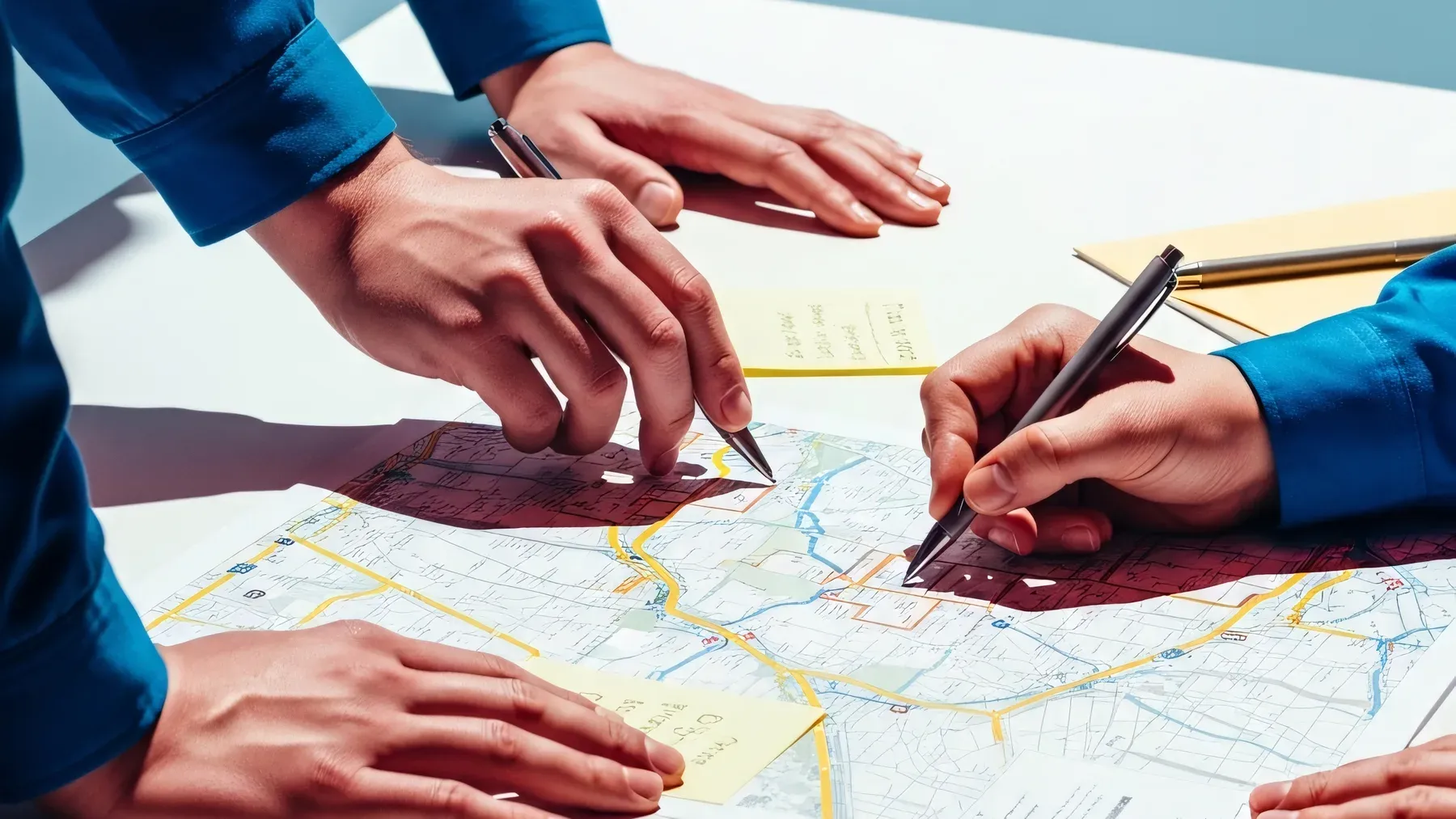 Hands working across one map show how a revised belief becomes visible when the character shares information and accepts distributed choices.