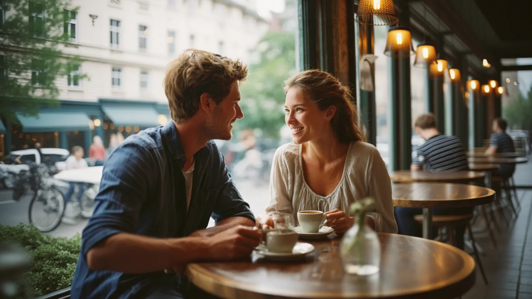 Two people leaning into a café conversation, illustrating how timing and focused attention can make one exchange distinct from the room around it.