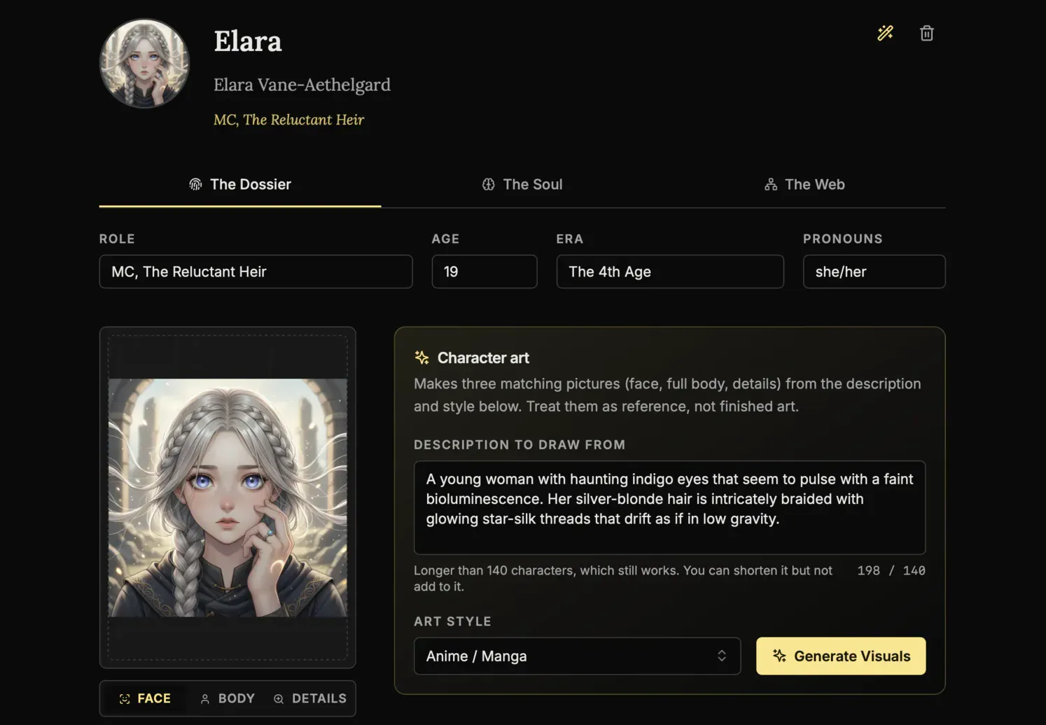 NovelOS character creation workspace
