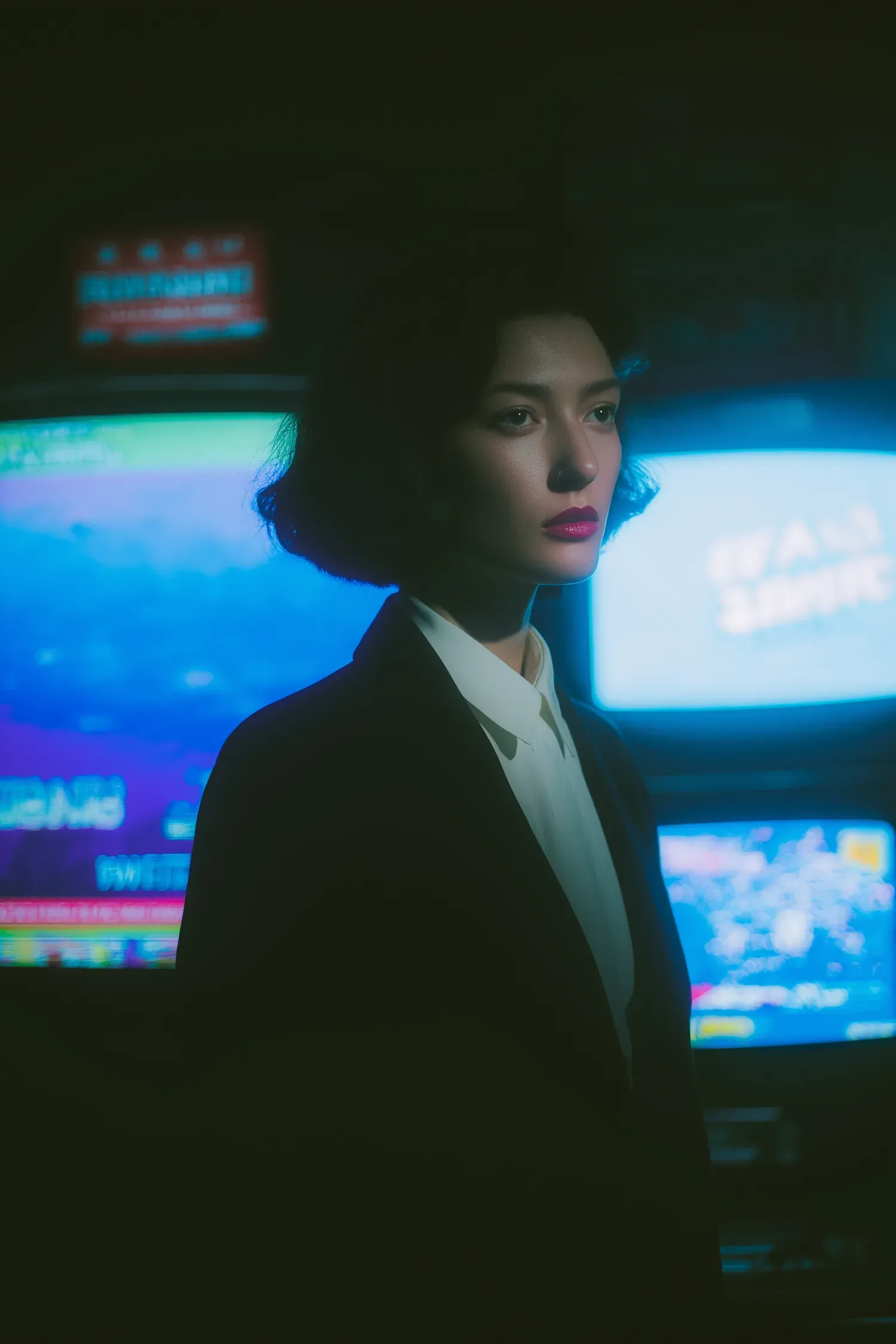 A poised figure surrounded by intense colored light and screens, demonstrating how environment, posture, clothing, and contrast create a character impression together.