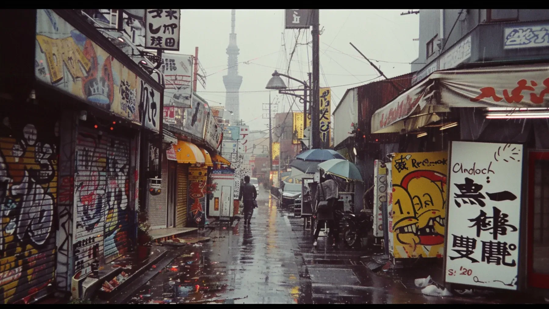 A rain-soaked market street supplies routes, witnesses, reflections, cover, and traces that either side can exploit.