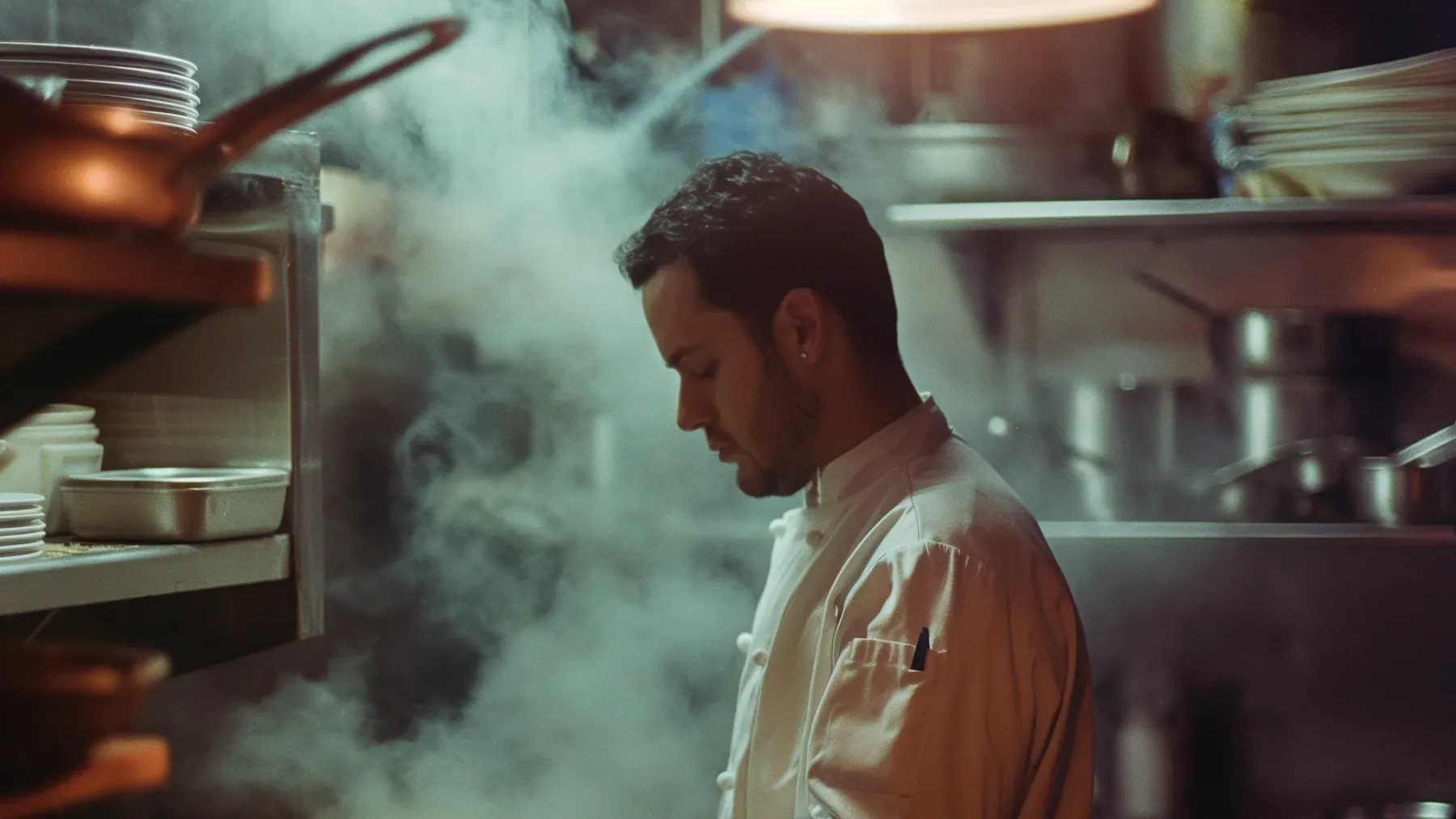 A chef working alone amid steam and crowded pans shows how competence can become a bottleneck when one person must control every decision.