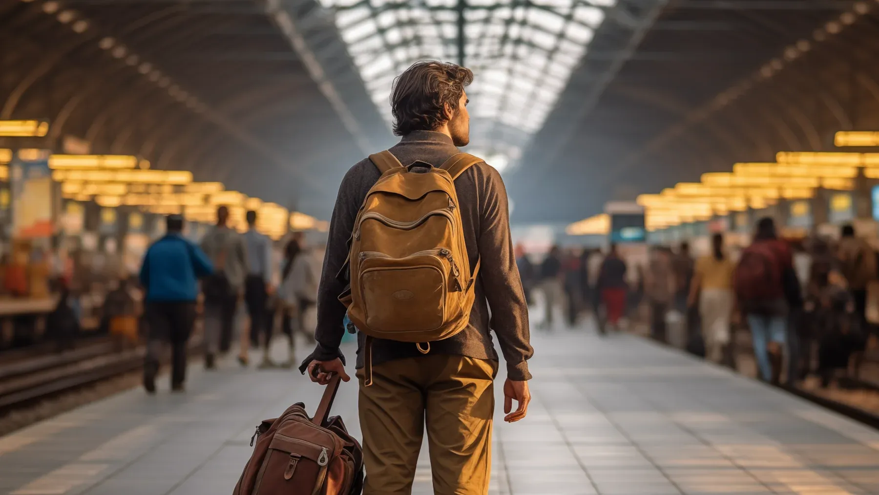 A traveler pauses inside a crowded station, representing the practical calculation of distance, access, timing, and available support.