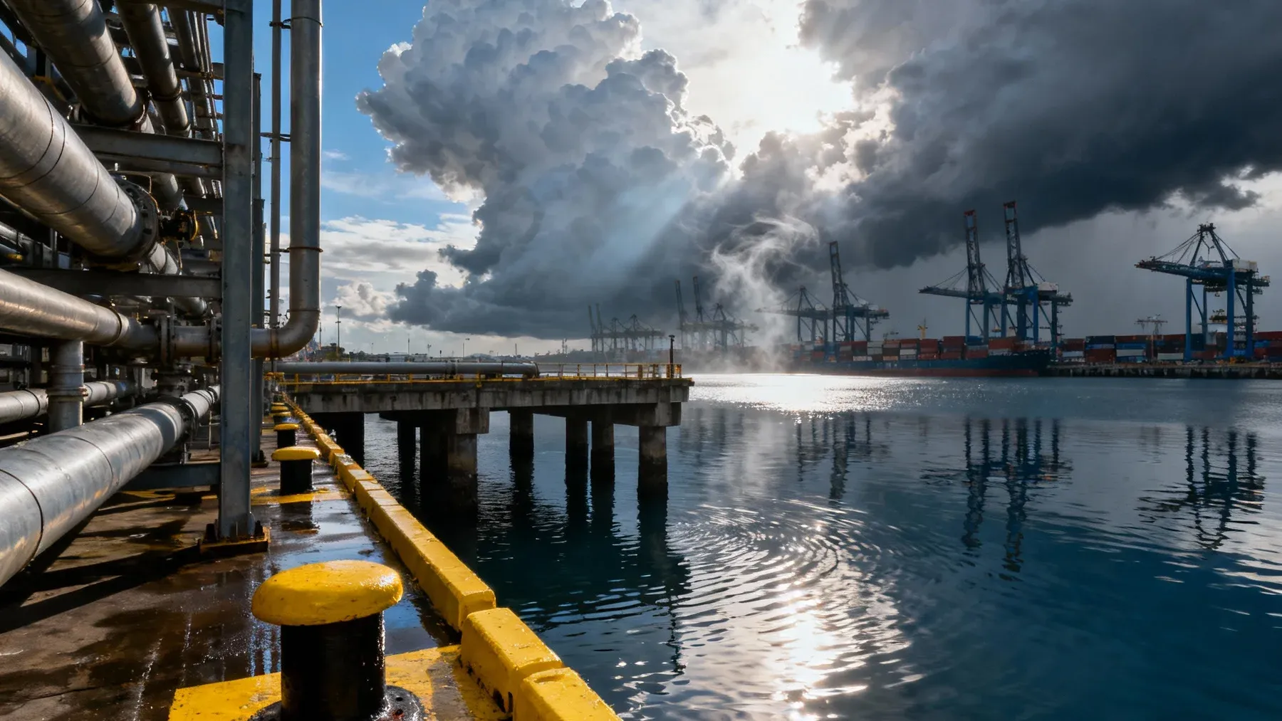 Storm clouds gathering above industrial pipes and a working waterfront, creating a concrete setting for a high-pressure final sequence.