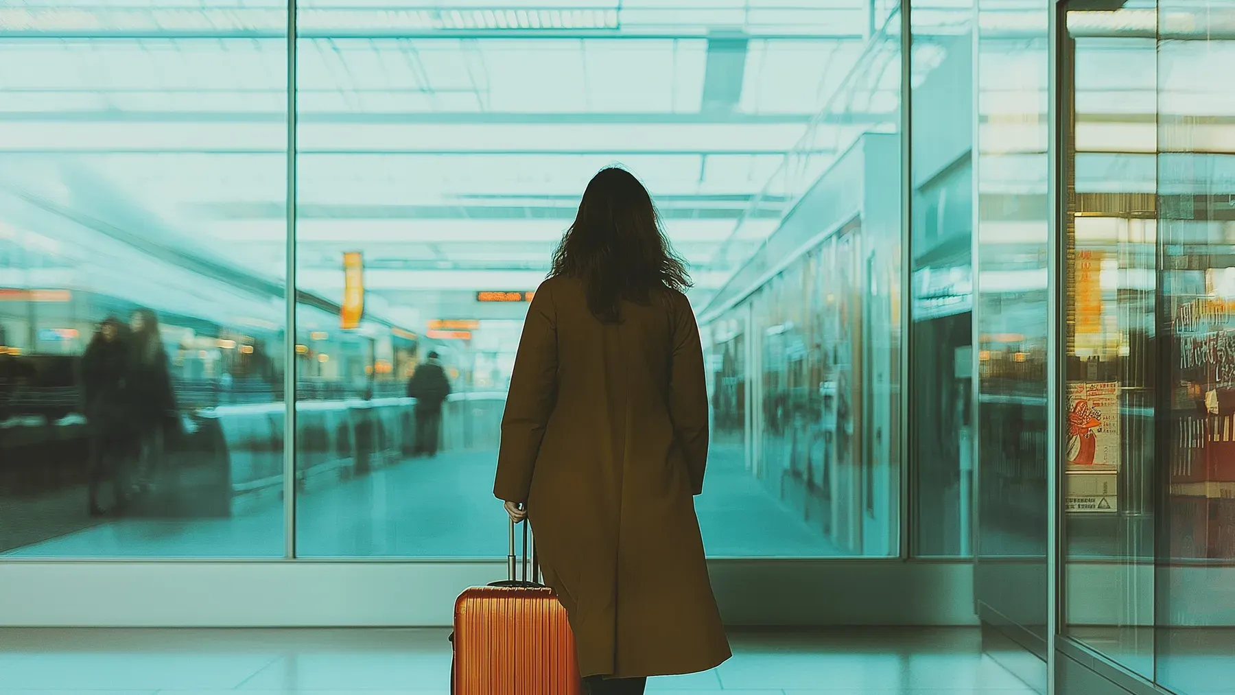 A traveler crosses a terminal with one suitcase, carrying obligations and resources between a household and a receiving city.