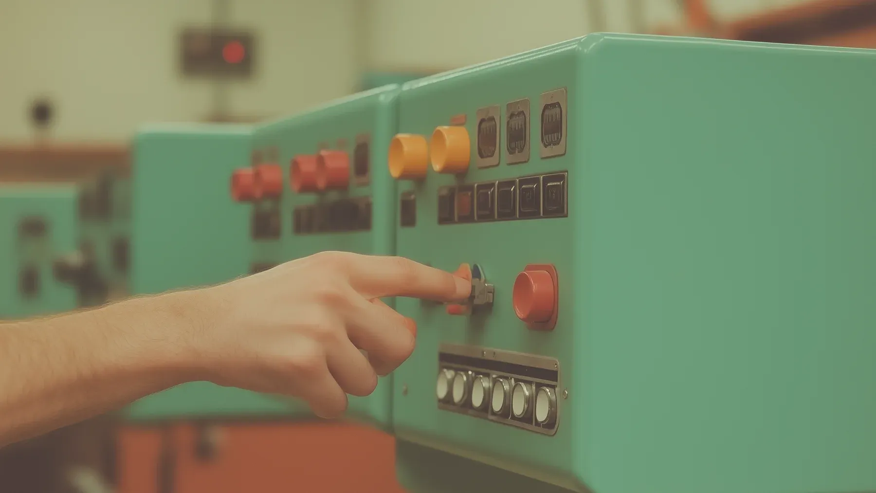 A hand operating an industrial control panel, representing the point where an established story system becomes a personal choice.
