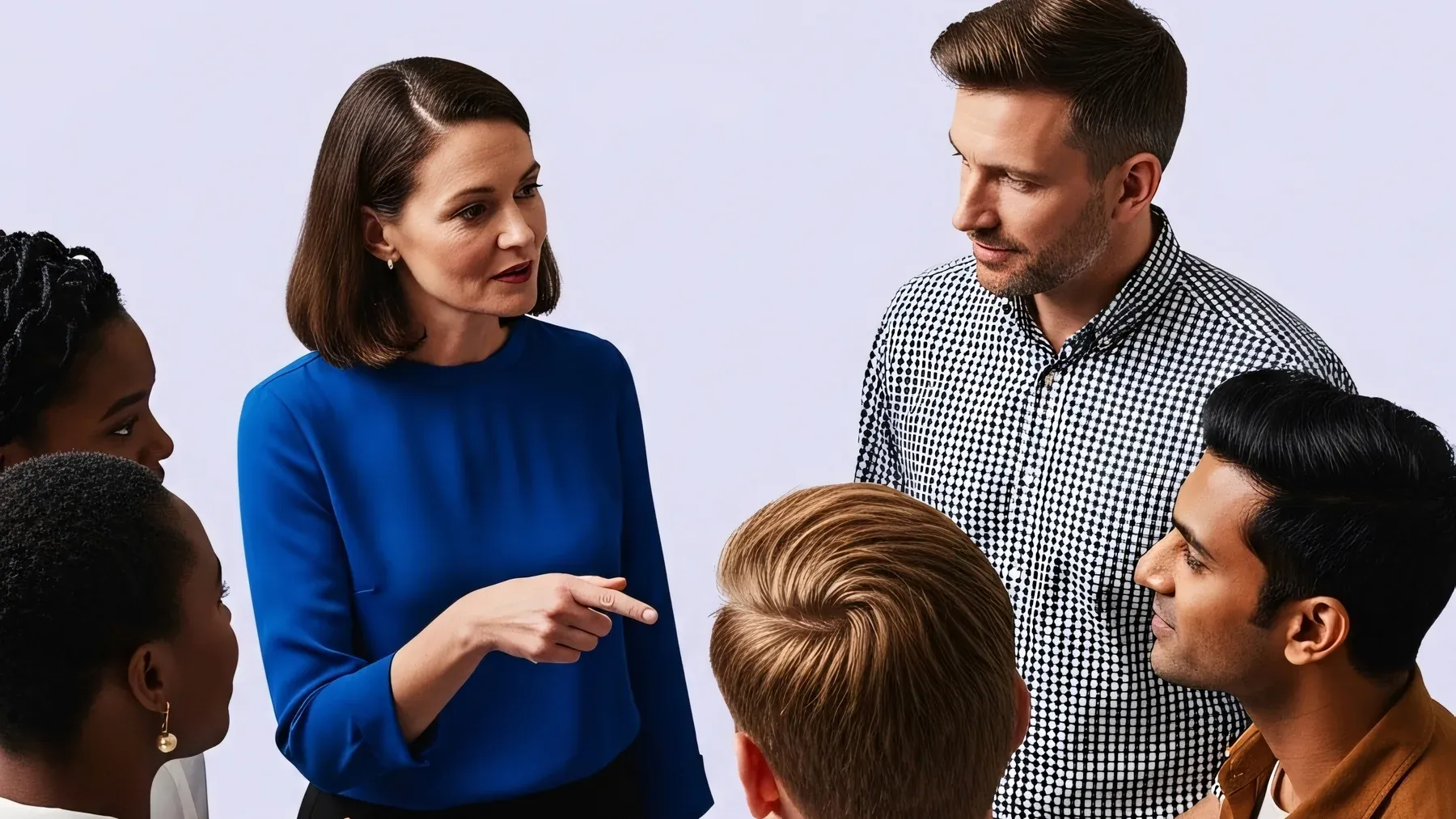 A speaker leads a group discussion, where every language choice responds to several listeners rather than one conversational partner.