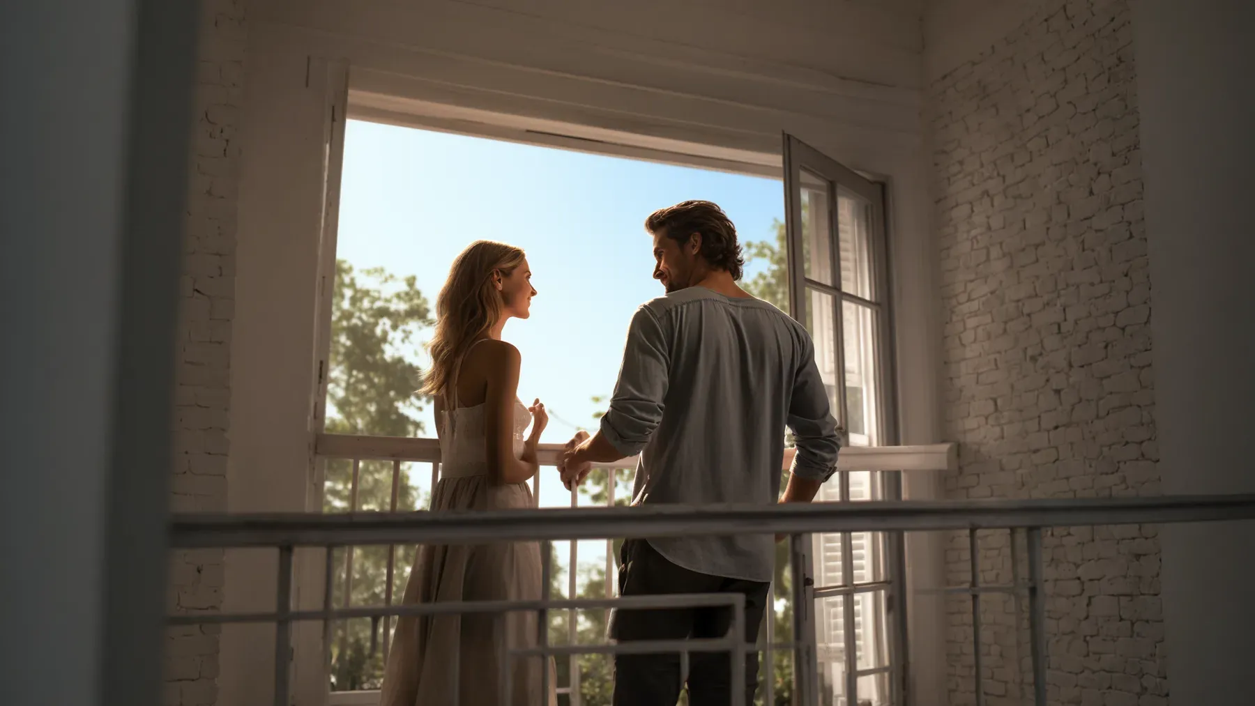 Two people wait together on a balcony with open space around them, suggesting connection that leaves room for separate attention and choice.