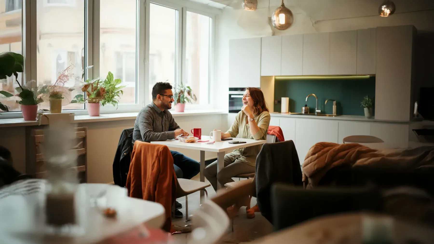 Two partners speak across a kitchen island, suggesting an ordinary conversation shaped by private responsibilities and unspoken terms.