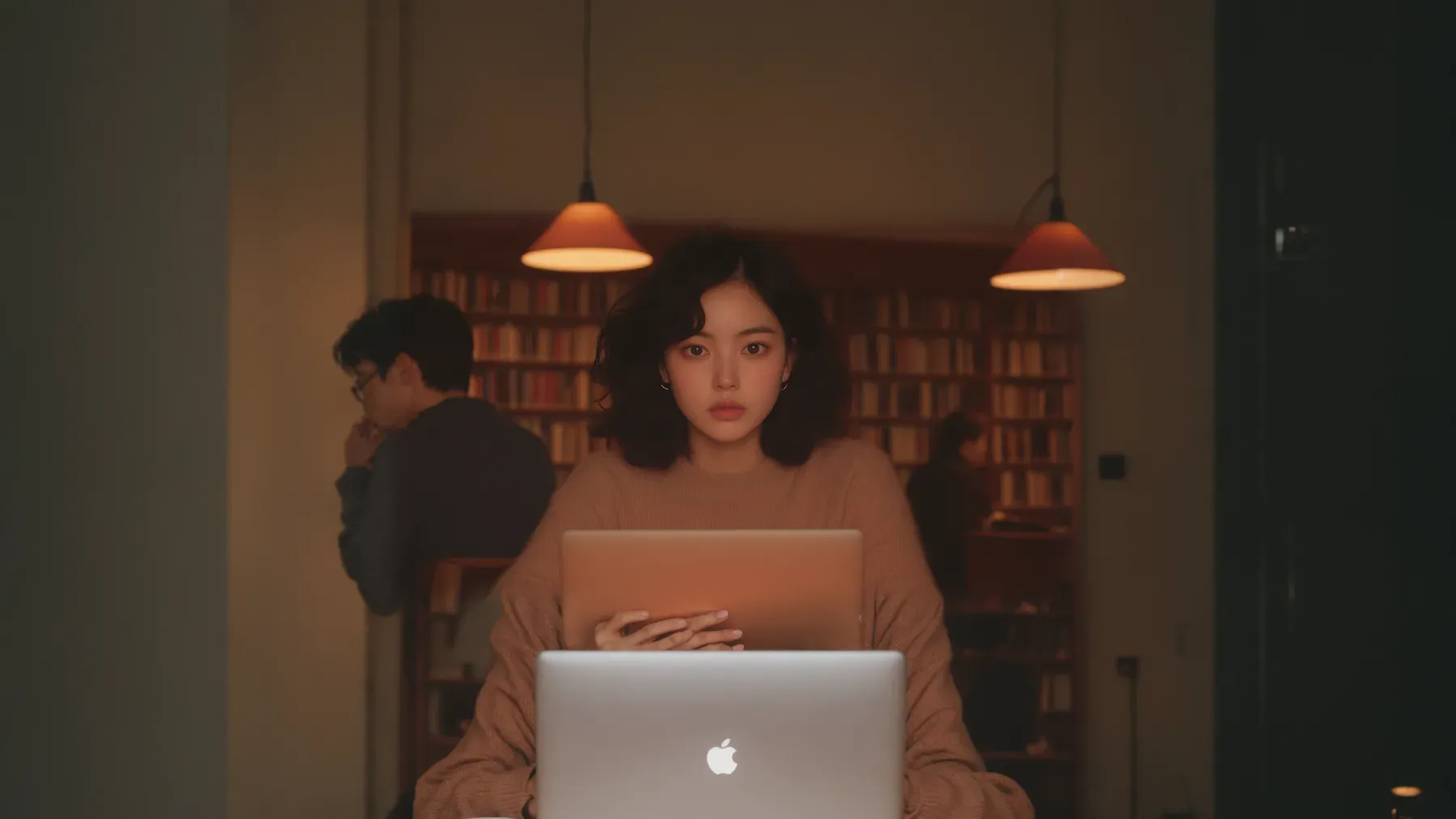 A woman studies alone in a library, representing a separate competence that can grow outside a relationship's familiar division of roles.