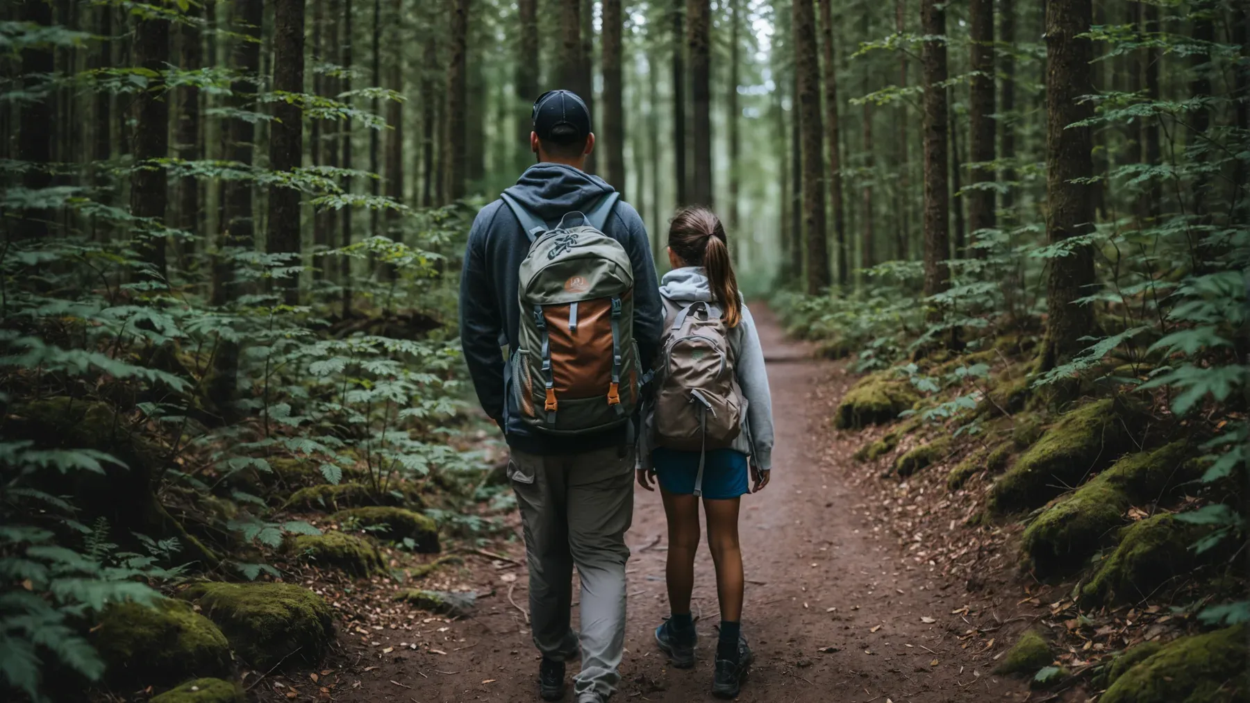 An adult and young hiker share a forest path, reflecting autonomy that grows through guidance, participation, and connected responsibility.