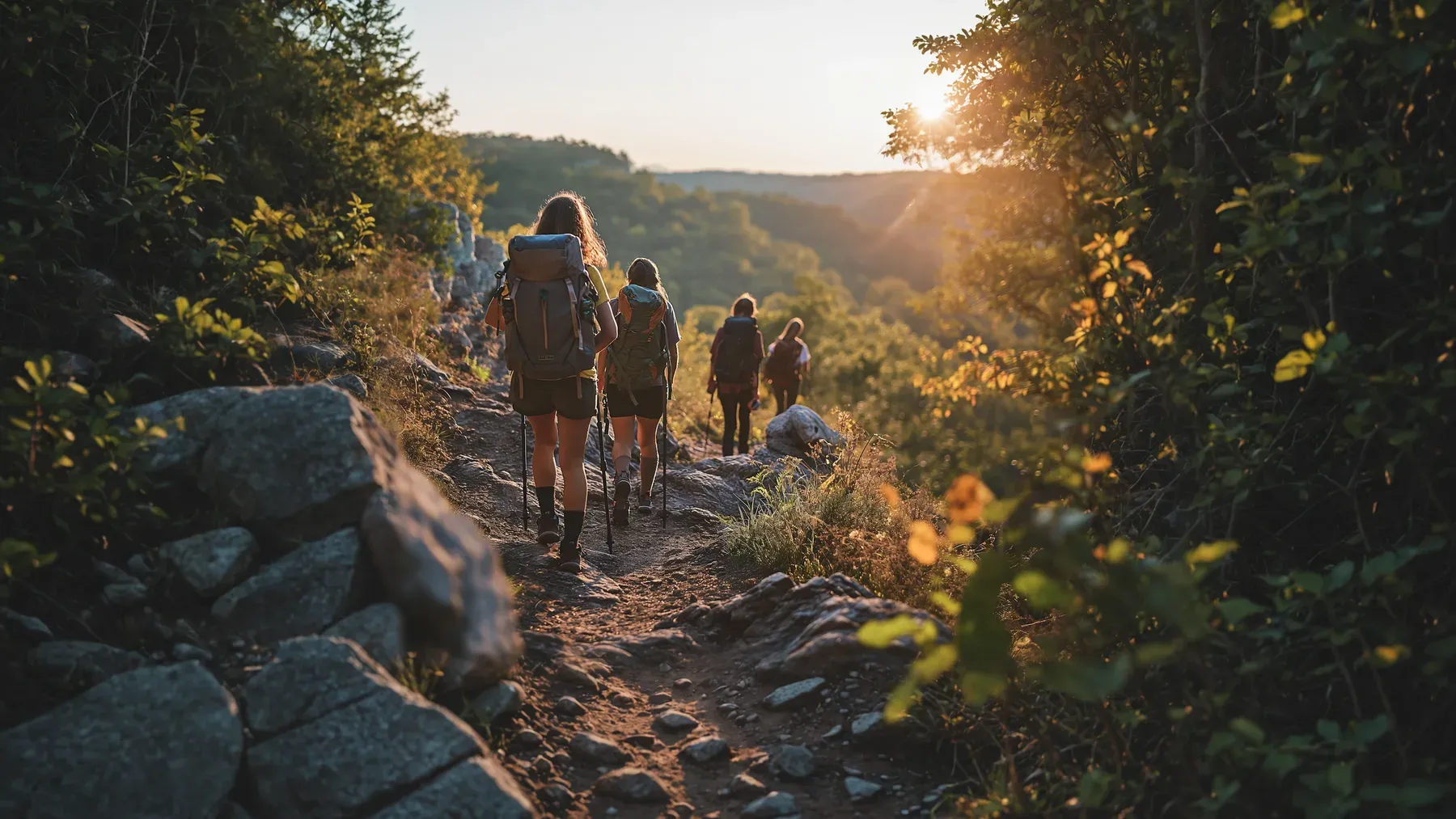 Young hikers move together toward late sunlight, showing how peers can provide belonging, friction, and competing directions during adolescence.