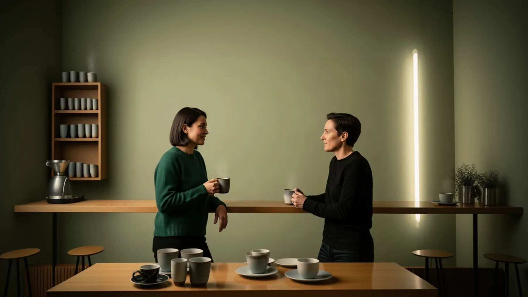 Two people in a direct coffee conversation, representing the difficult work of correction when trust cannot be restored by one confession.
