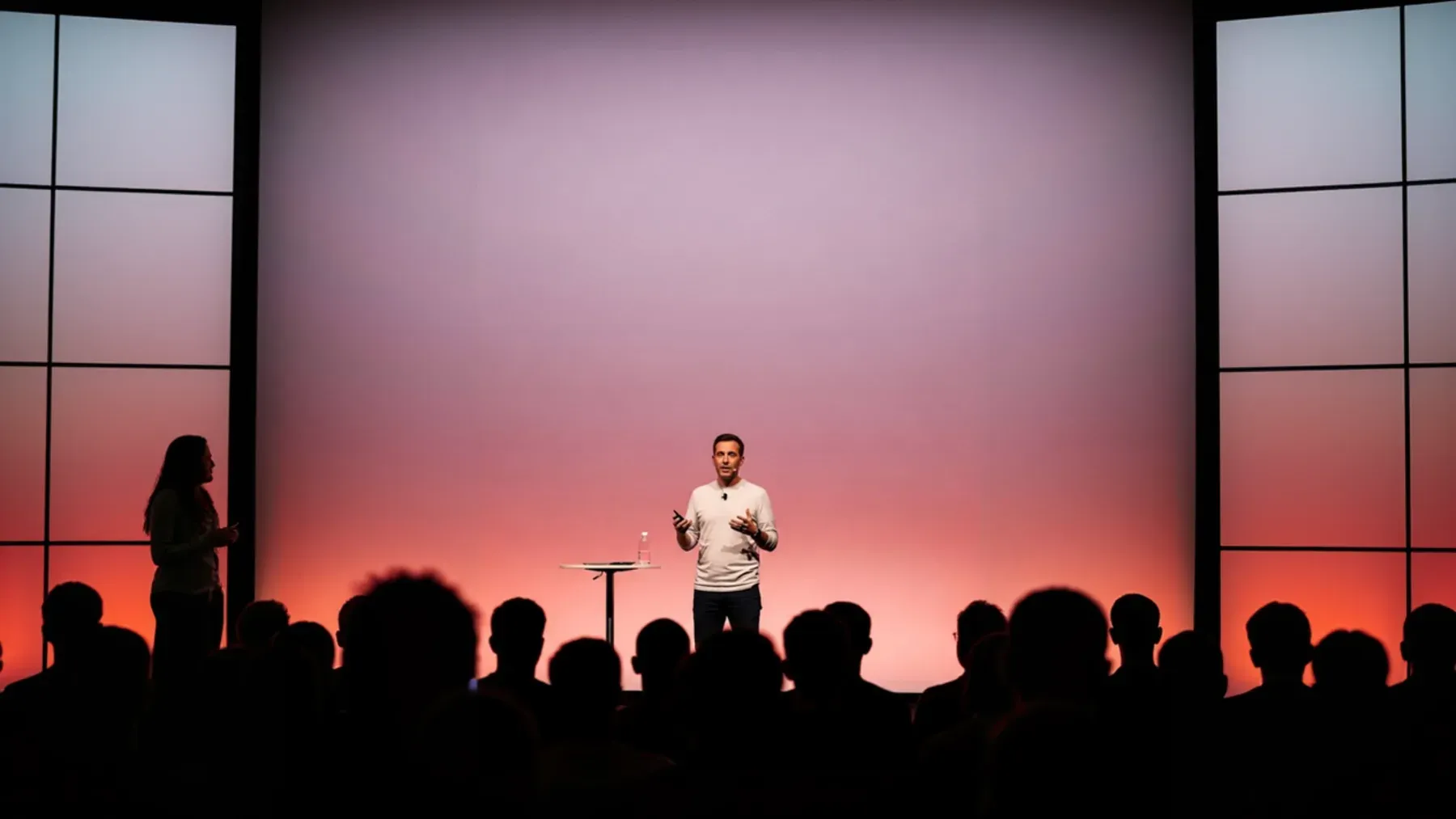 A speaker commanding a stage, representing the attention and borrowed authority that an impressive story can produce.